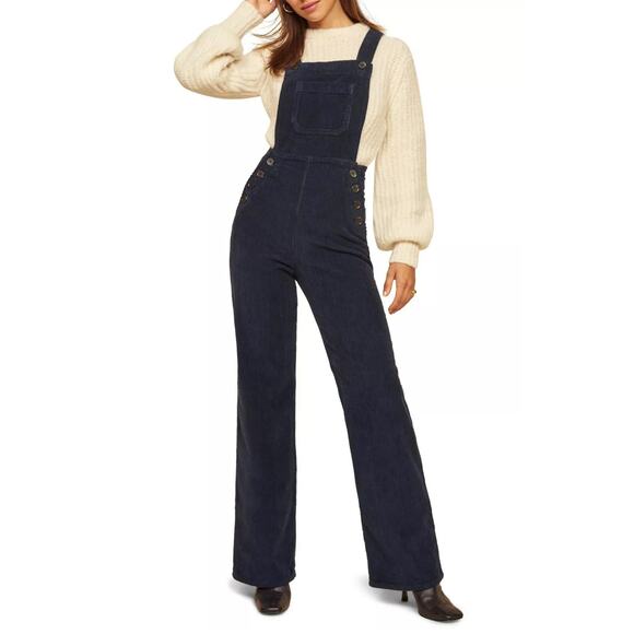 Reformation Jeans Navy Corduroy Stretch Bib Overalls Size 2 - Picture 1 of 12